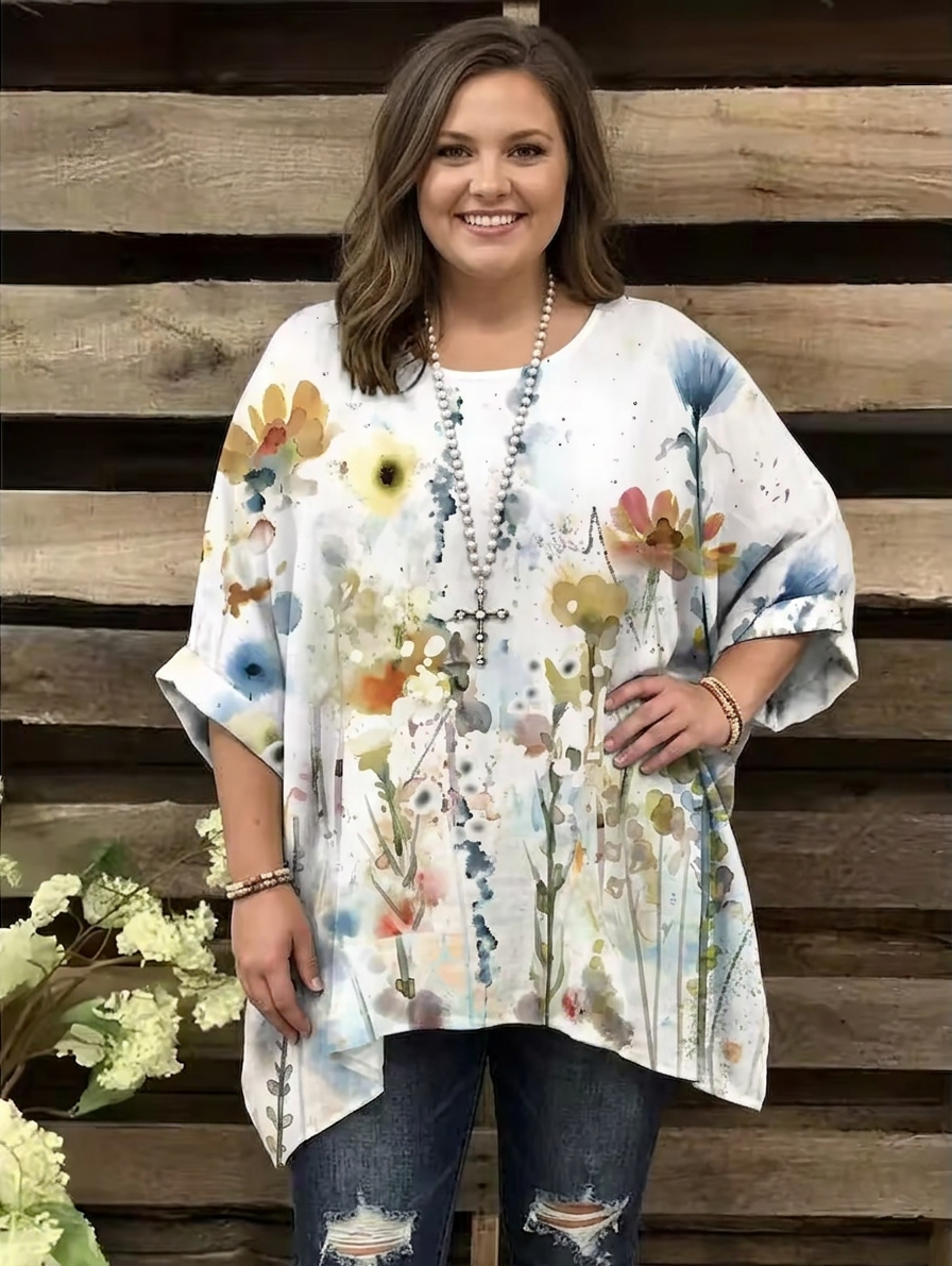 Mildred Chiffon Floral Round Neck Kaftan Top
