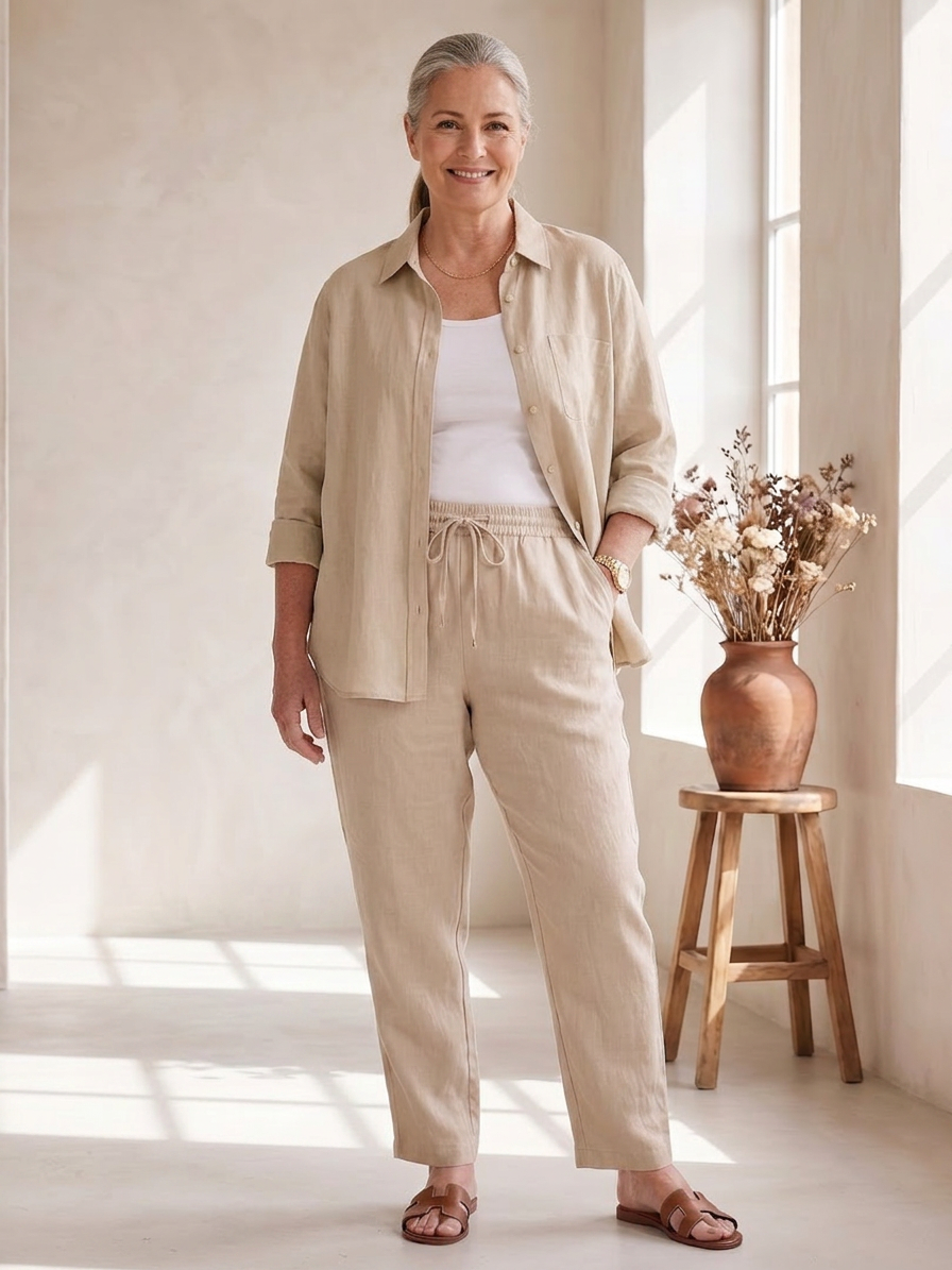 Olive Linen Sleeveless Two-Piece Set – view 10