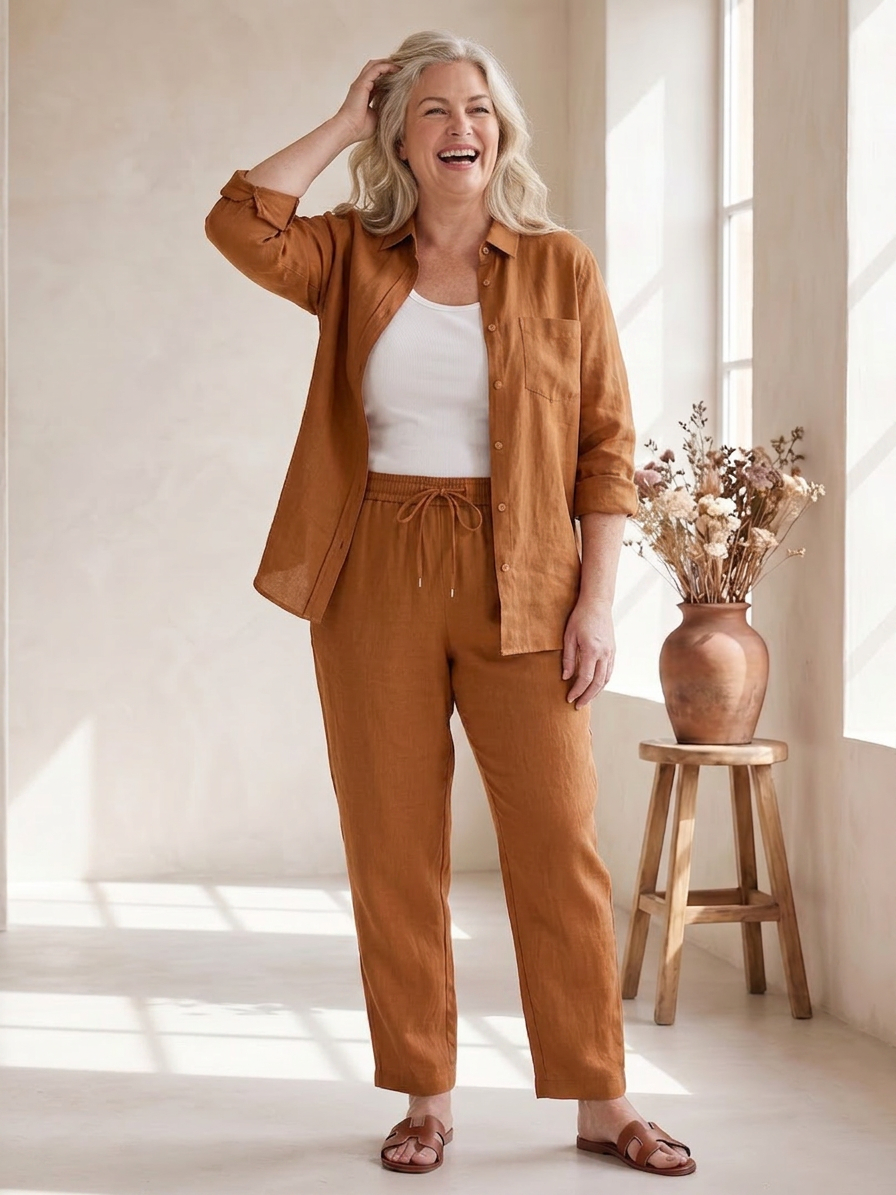 Olive Linen Sleeveless Two-Piece Set – view 7