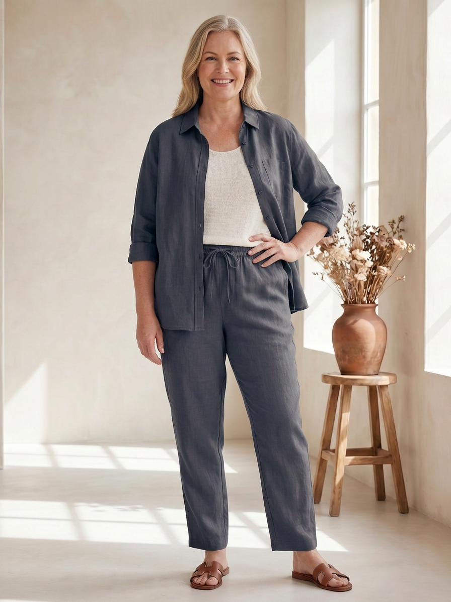 Olive Linen Sleeveless Two-Piece Set – view 8