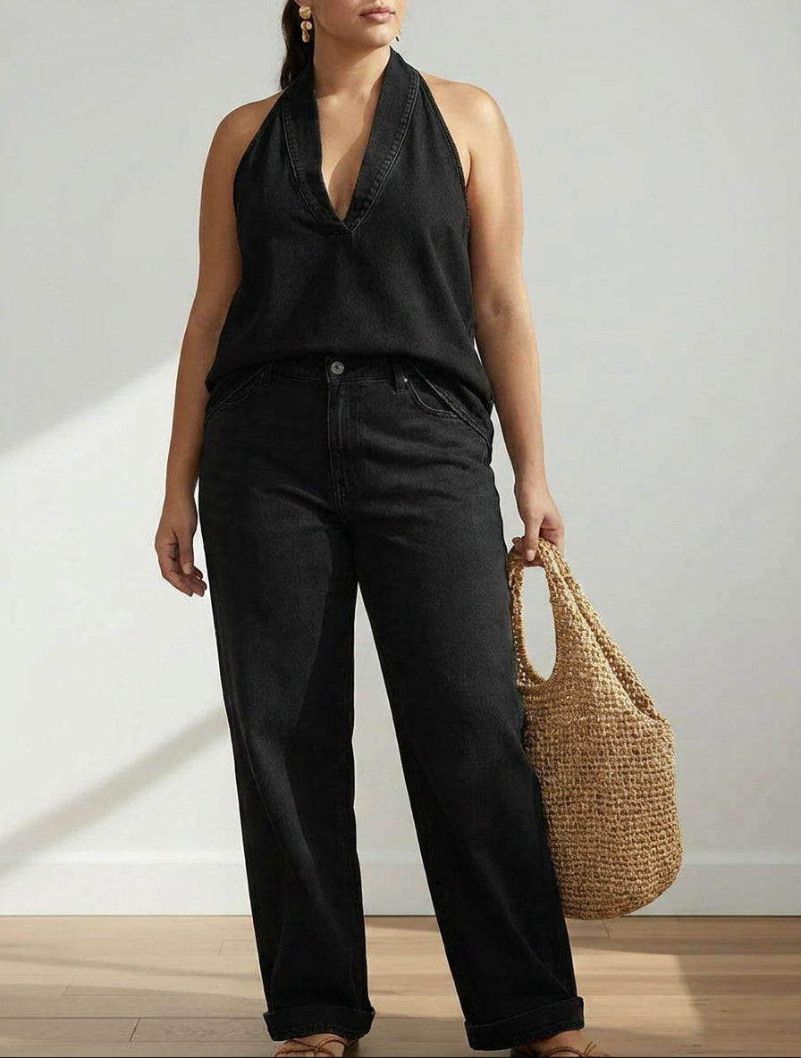 Makayla | Denim V-Neck Two-Piece Set