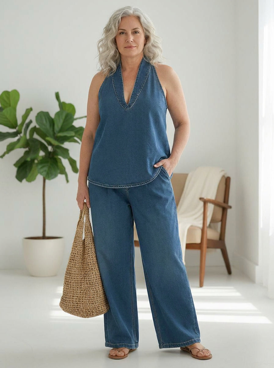 Makayla | Denim V-Neck Two-Piece Set