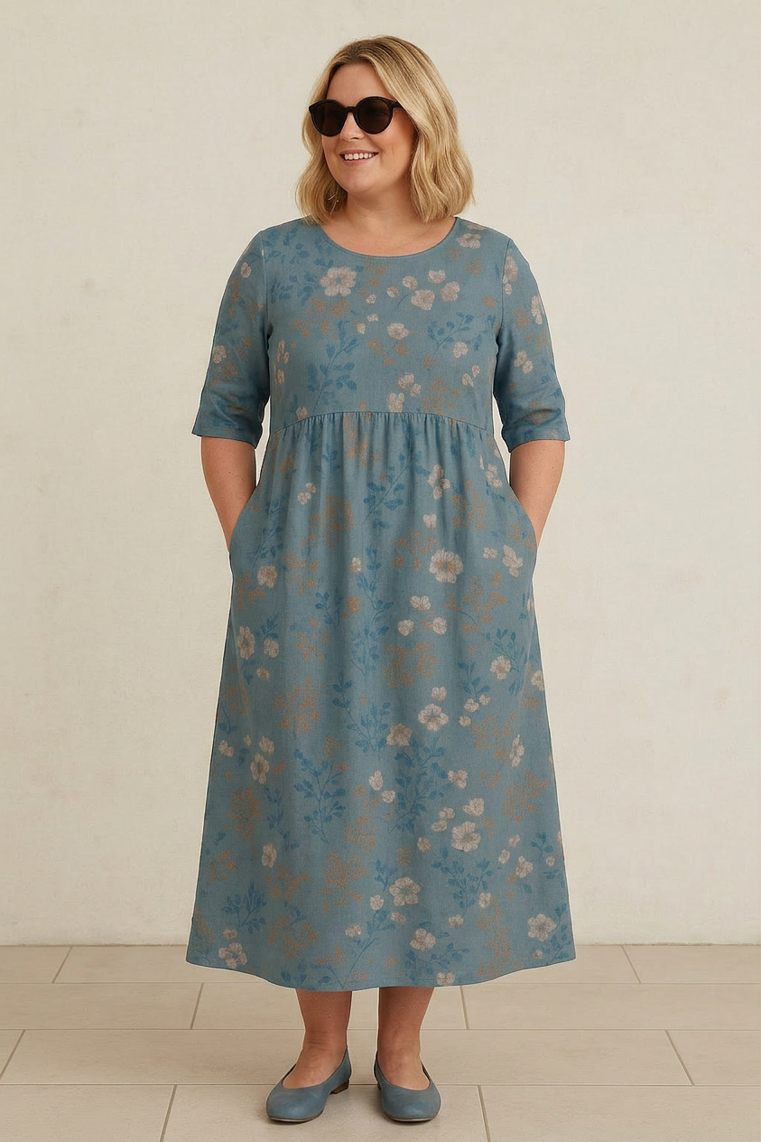 Patricia Denim Floral Round Neck Midi Dress – view 6