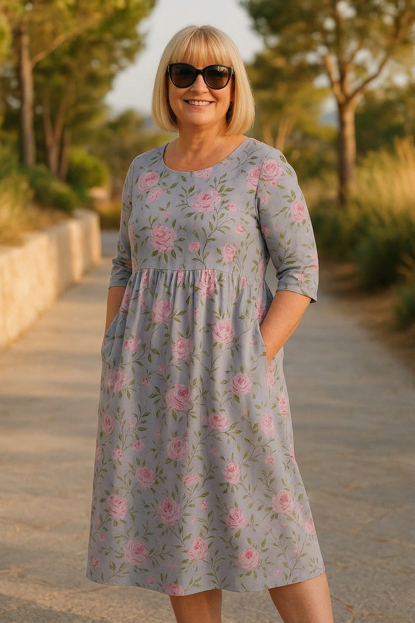 Patricia Denim Floral Round Neck Midi Dress – view 7