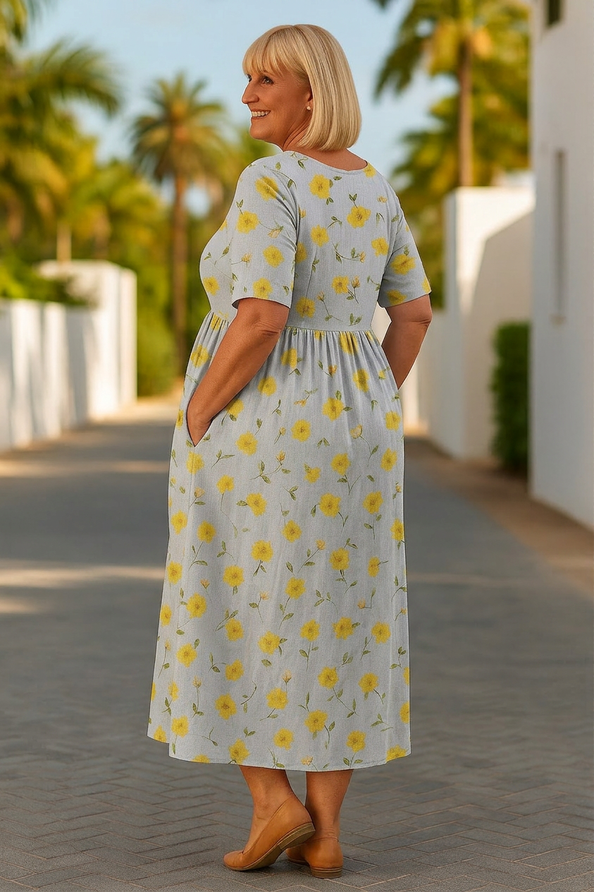 Patricia Denim Floral Round Neck Midi Dress – view 8
