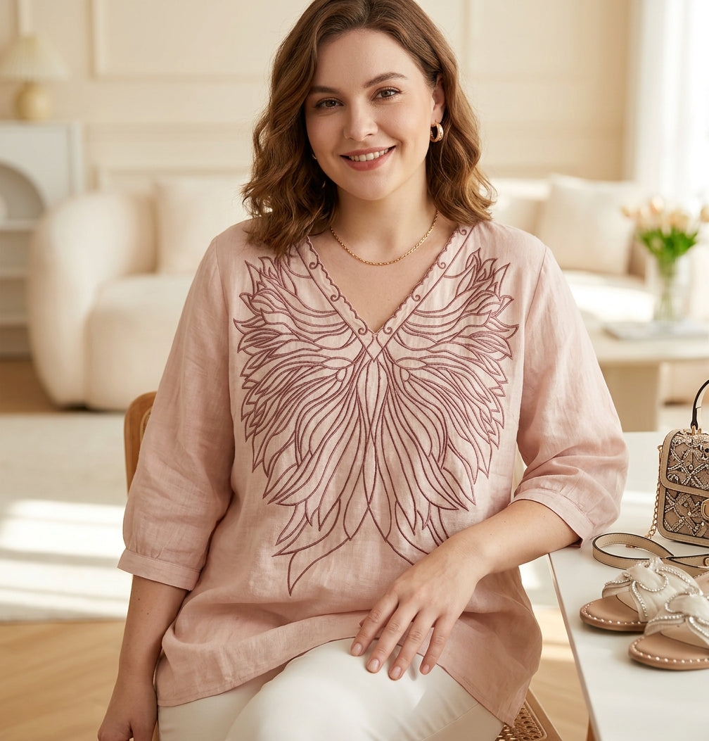 Tiffany | Linen Embroidered V-Neck Top