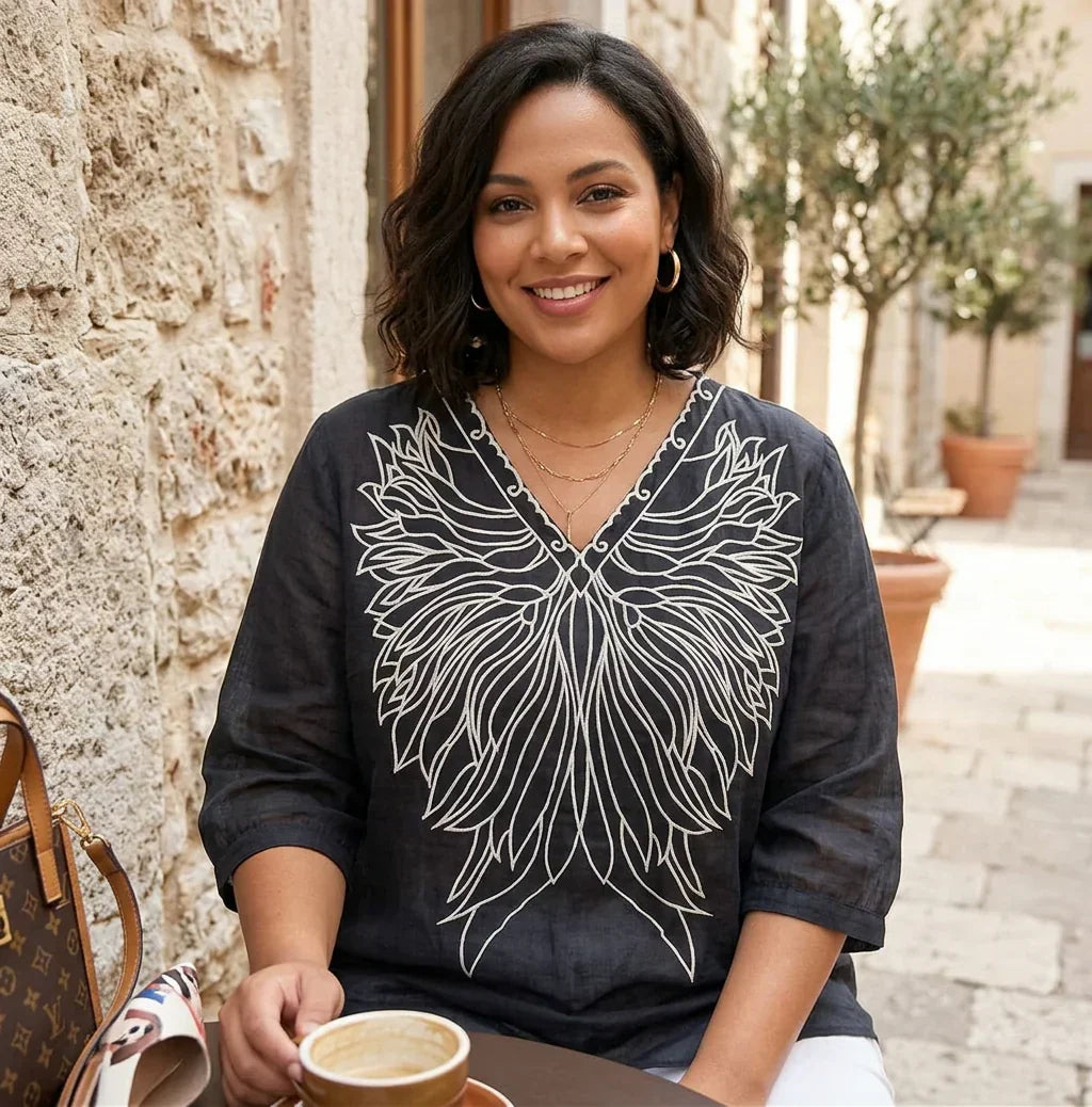 Tiffany | Linen Embroidered V-Neck Top