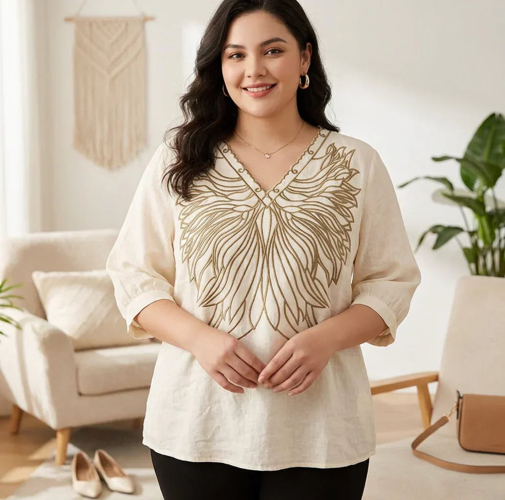 Tiffany | Linen Embroidered V-Neck Top