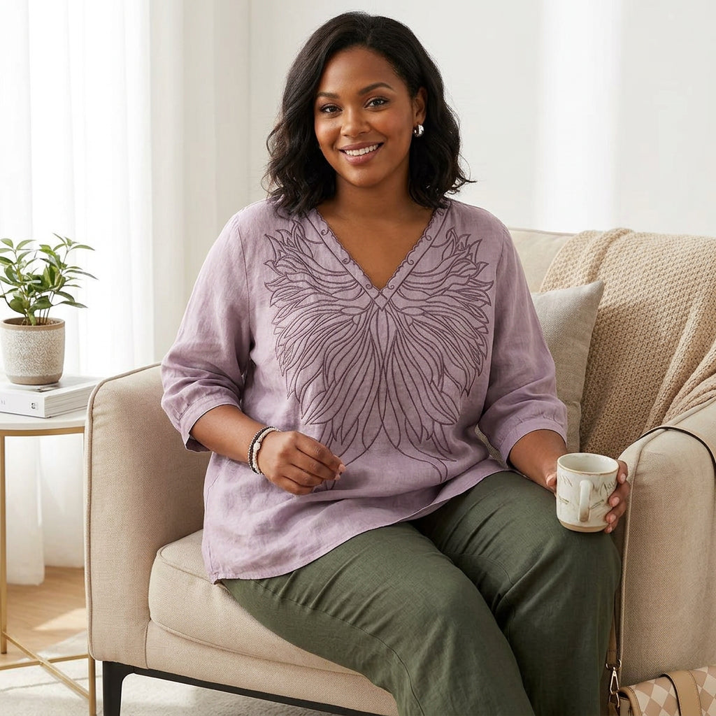 Tiffany | Linen Embroidered V-Neck Top