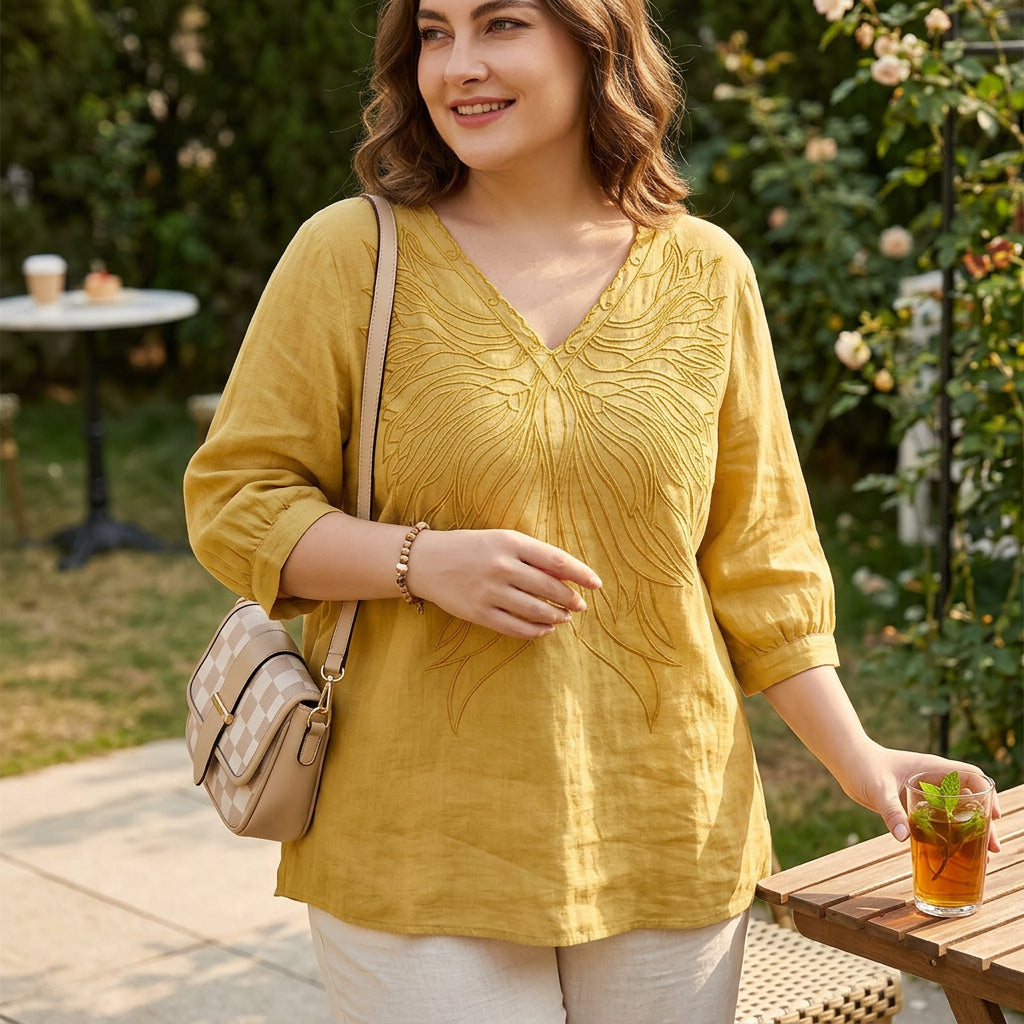 Tiffany | Linen Embroidered V-Neck Top