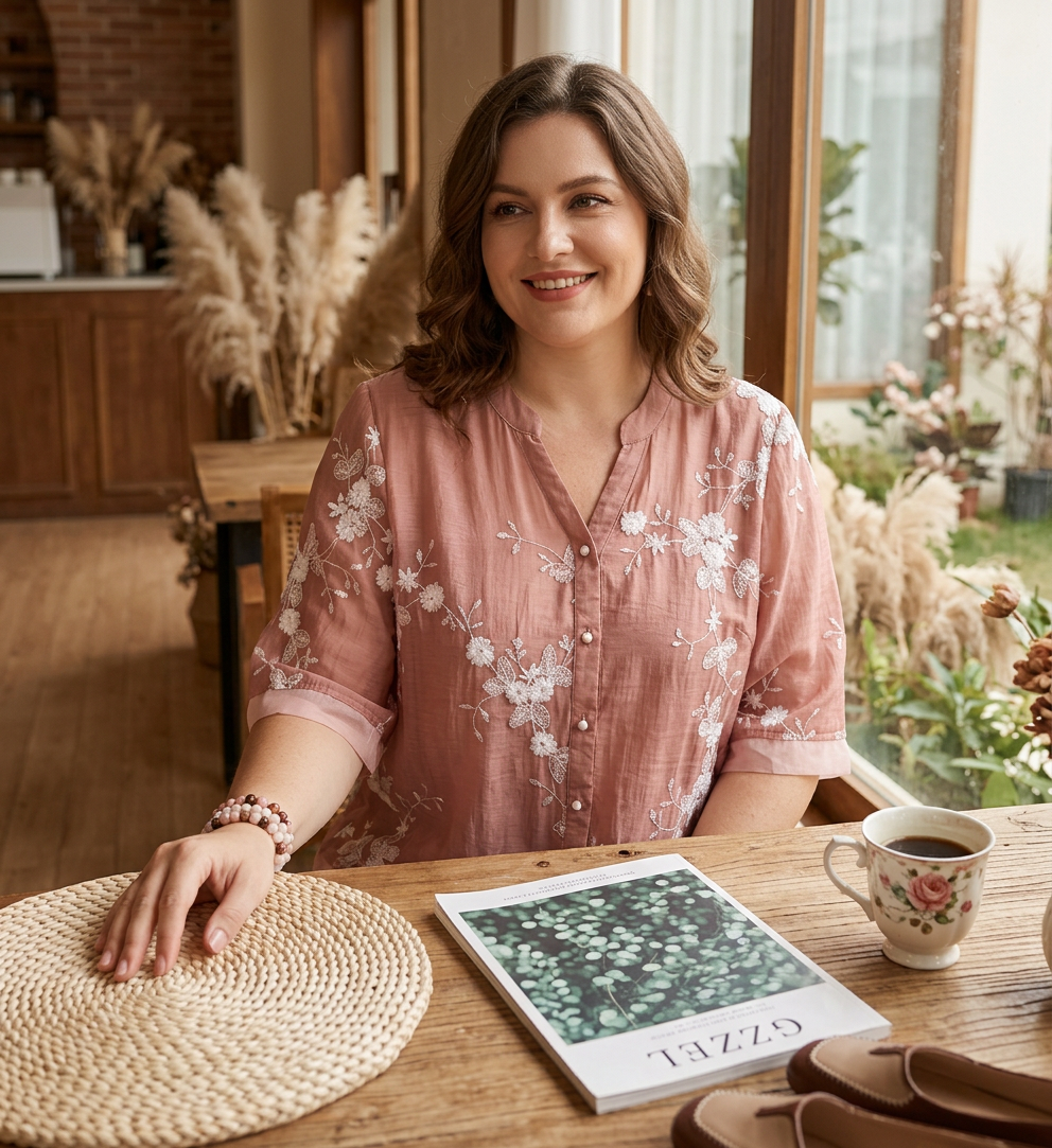 Phyllis Denim Floral Mock Neck Shirt – view 2