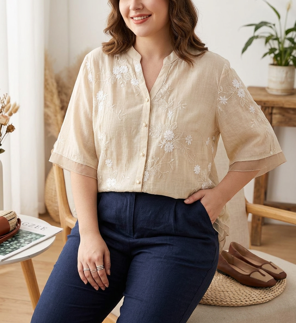 Phyllis Denim Floral Mock Neck Shirt – view 3