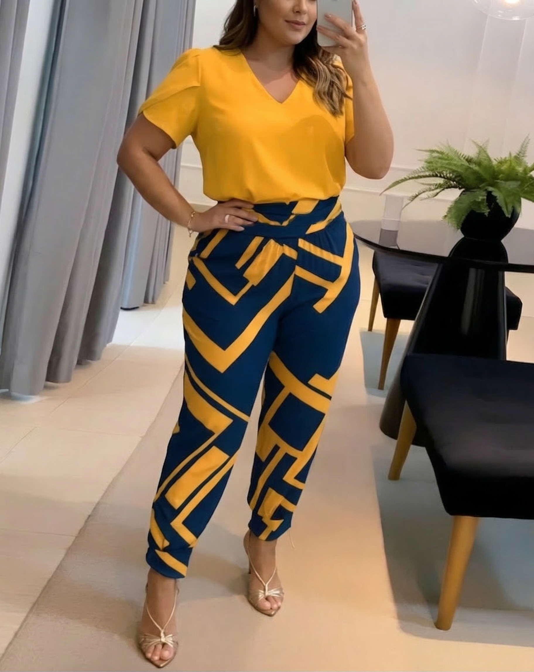 Adeline | Geometric V-Neck Two-Piece Set