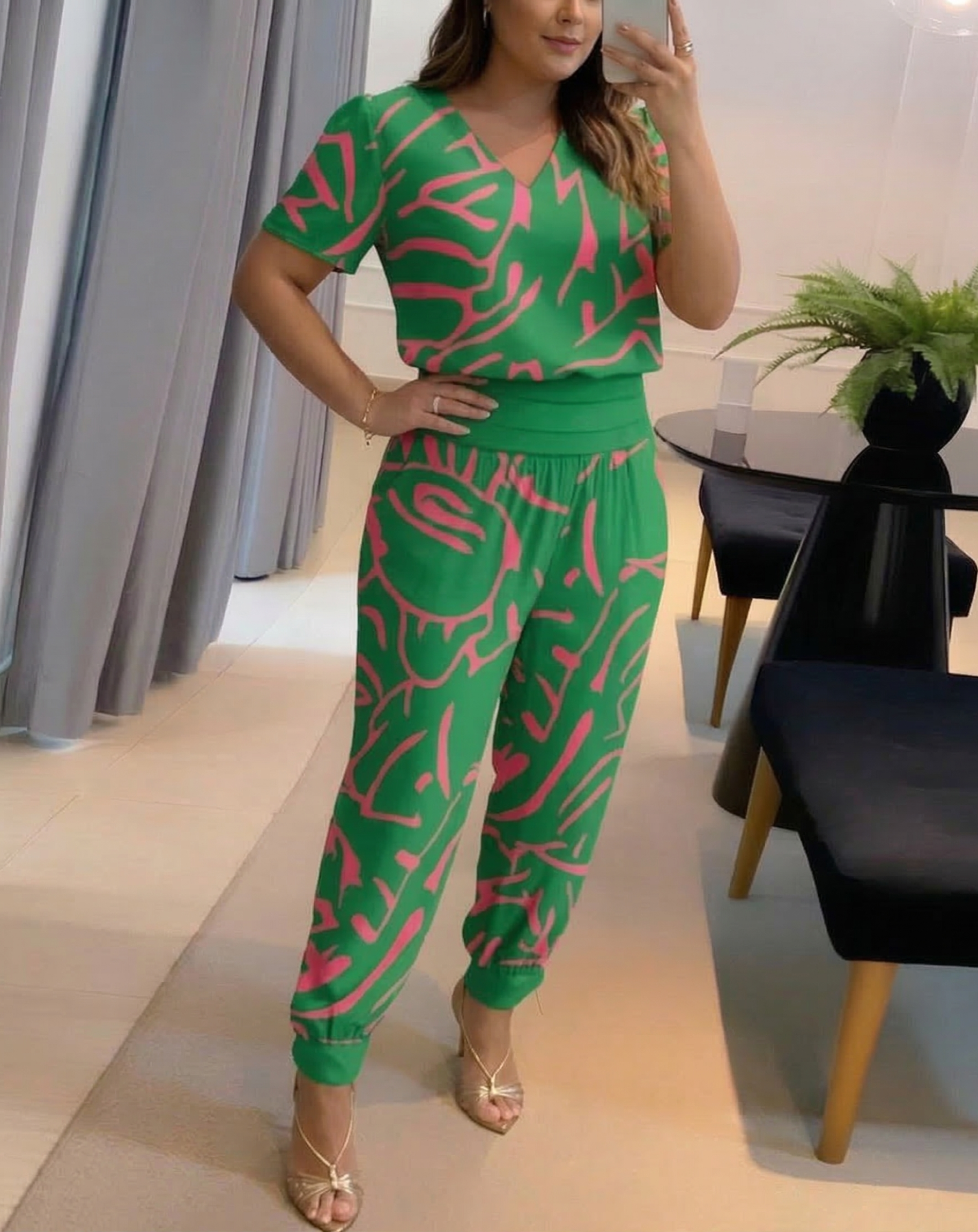 Adeline | Geometric V-Neck Two-Piece Set