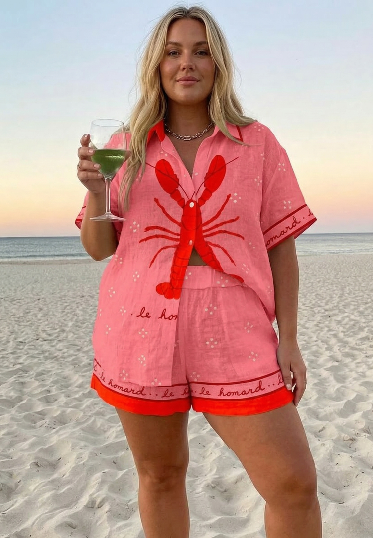 Poppy Lobster Print Collared Two-Piece Shorts Set