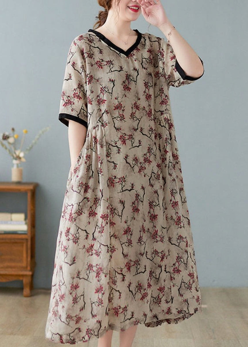 Rachel Linen Floral V-Neck Maxi Dress