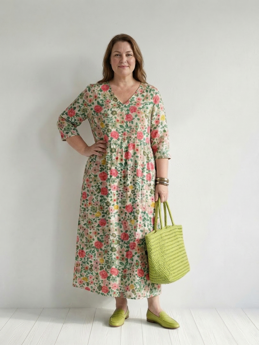 Raven Linen Floral V-Neck Maxi Dress