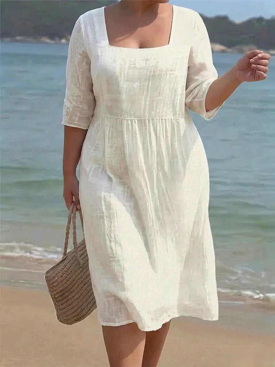 Rebecca Linen Square Neck Knee-Length Dress