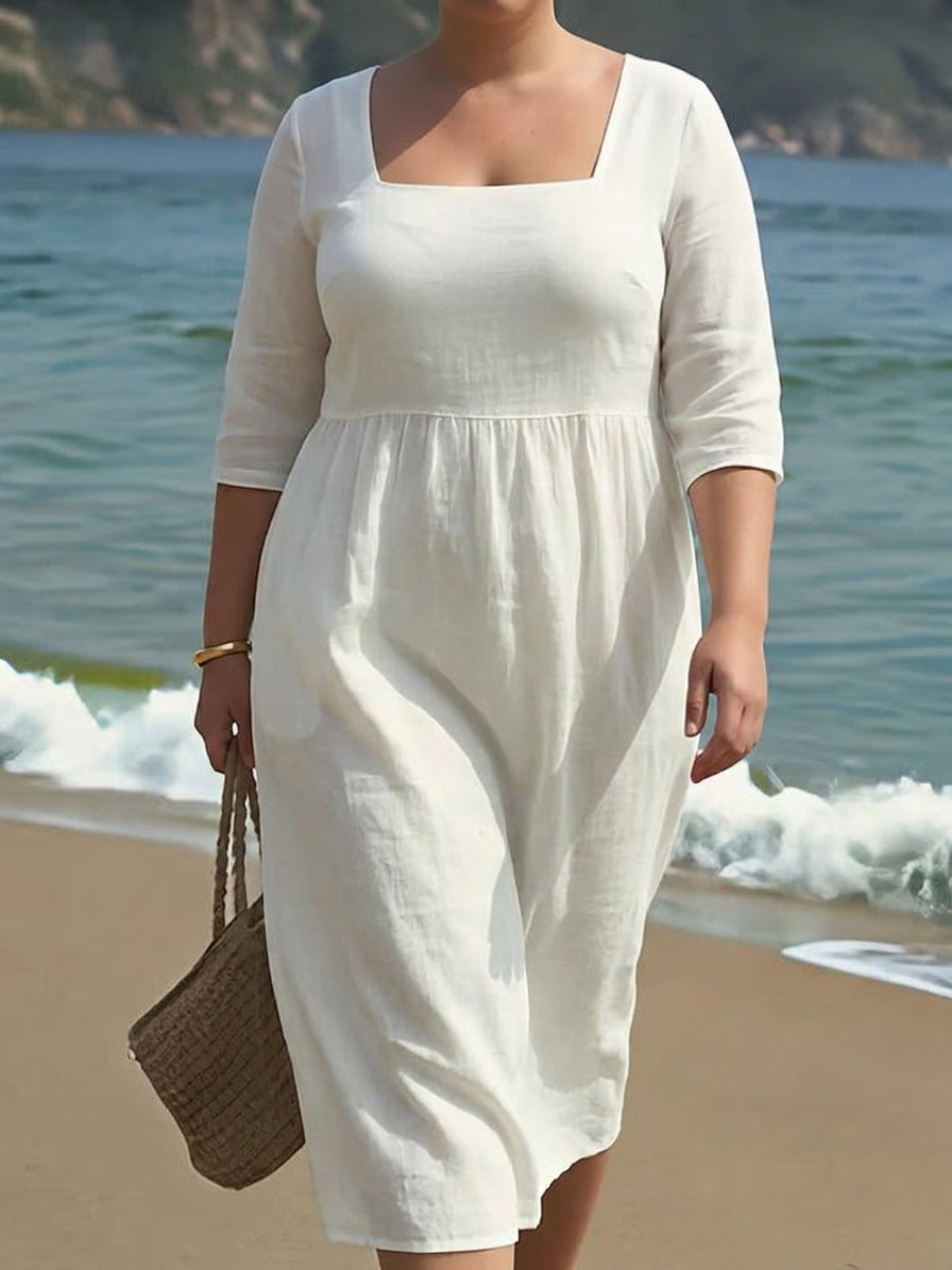 Rebecca Linen Square Neck Knee-Length Dress – view 3