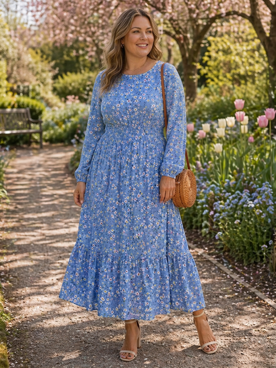 Rochelle Floral Round Neck Midi Dress