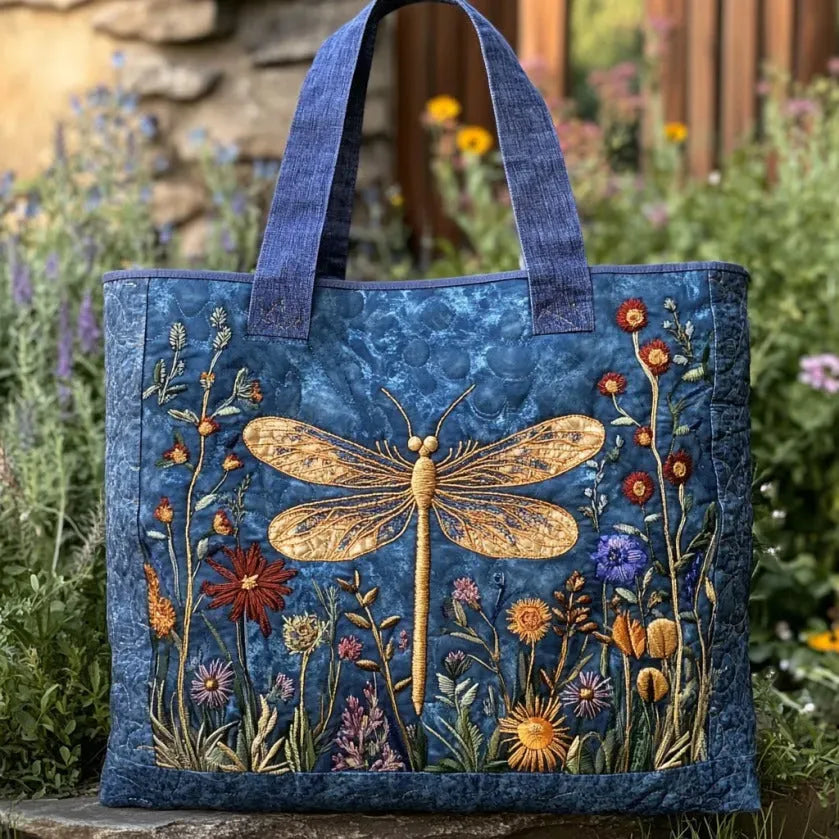 Rosa Golden Dragonfly Quilted Tote Bag