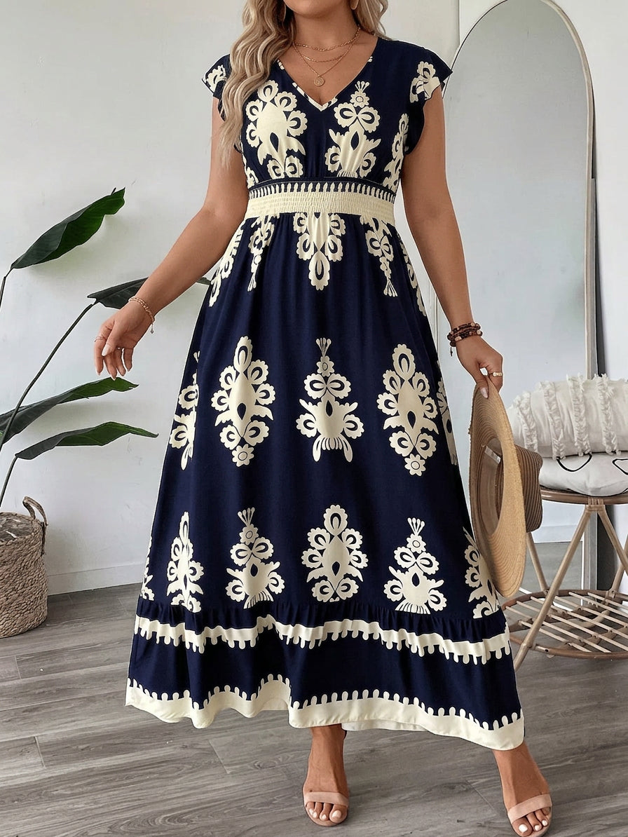 Ruth Border Print V-Neck Maxi Dress