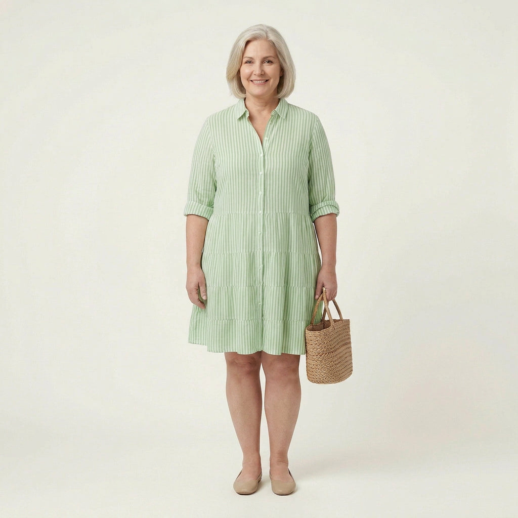 Sierra Linen Striped Mock Neck Knee-Length Dress