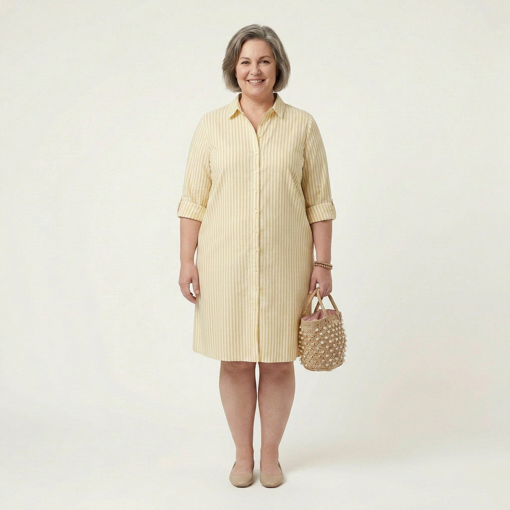 Sierra Linen Striped Mock Neck Knee-Length Dress – view 3