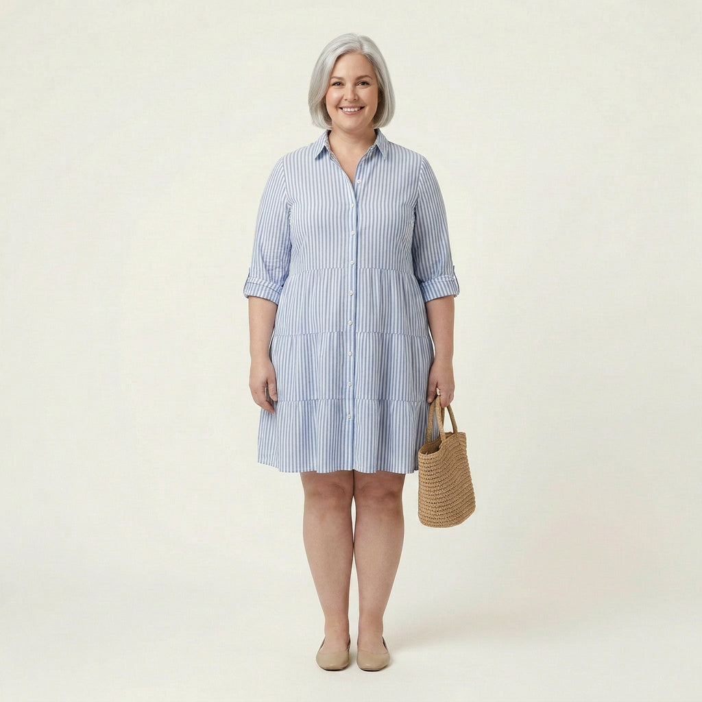 Sierra Linen Striped Mock Neck Knee-Length Dress – view 4