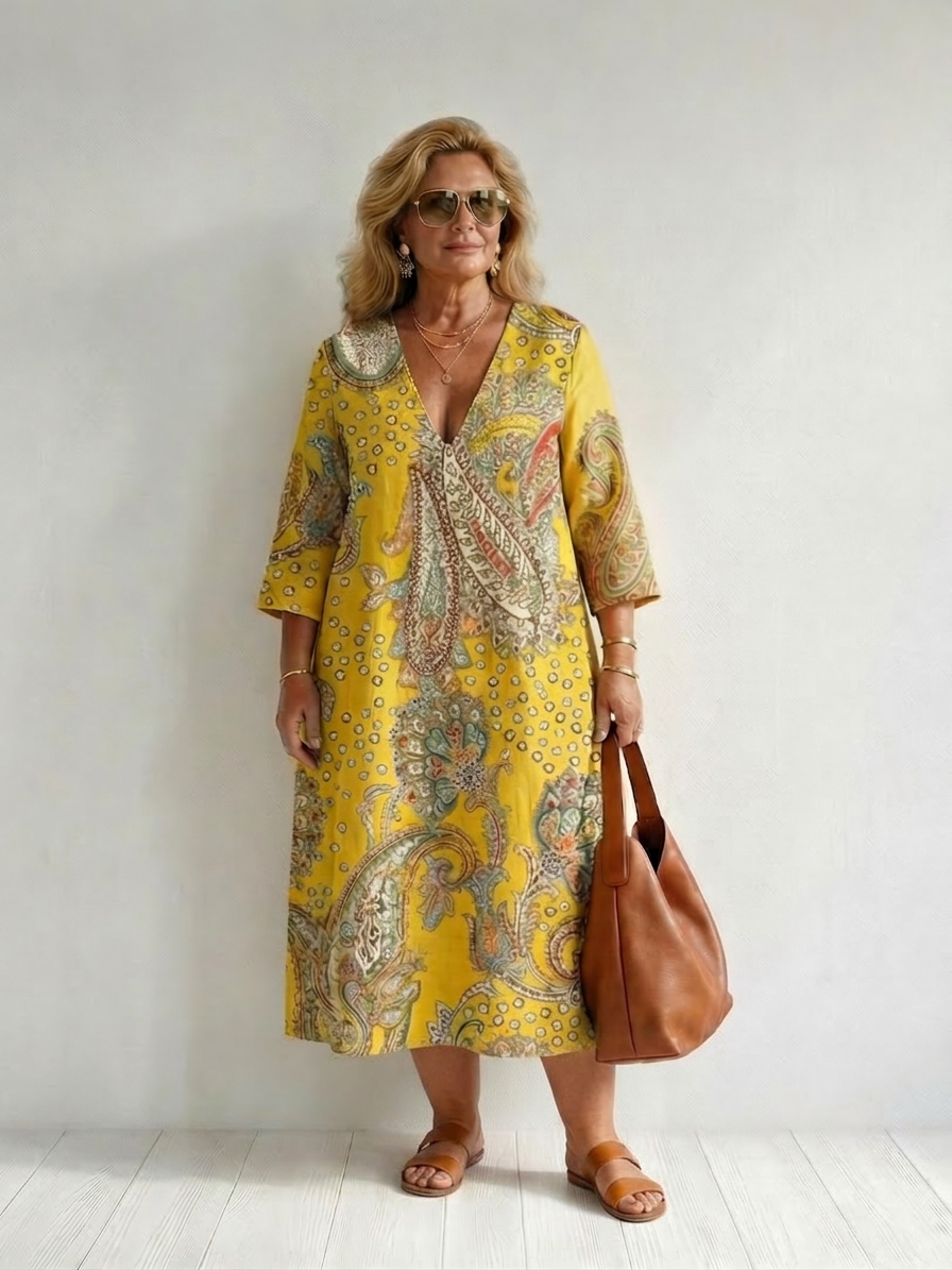 Sloane Paisley V-Neck Midi Dress