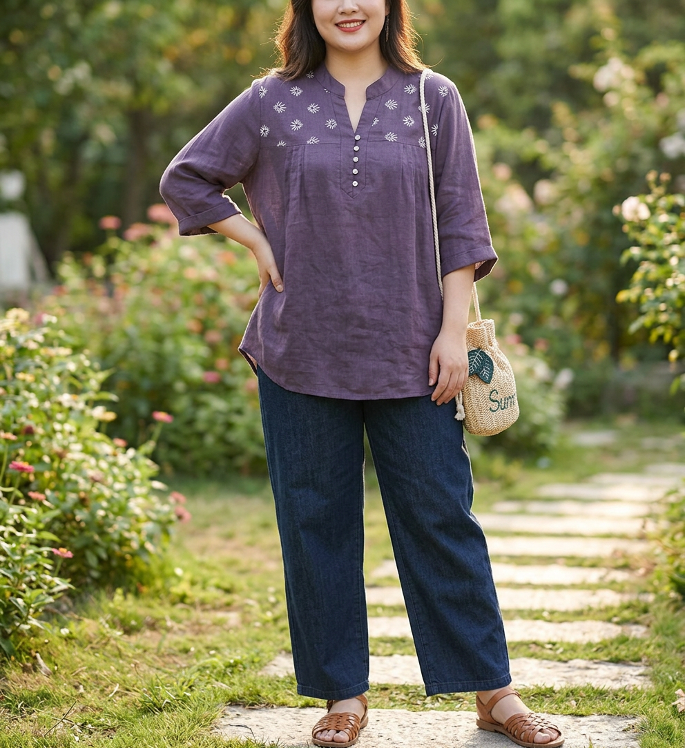 Sophie Cotton Embroidered V-Neck Blouse