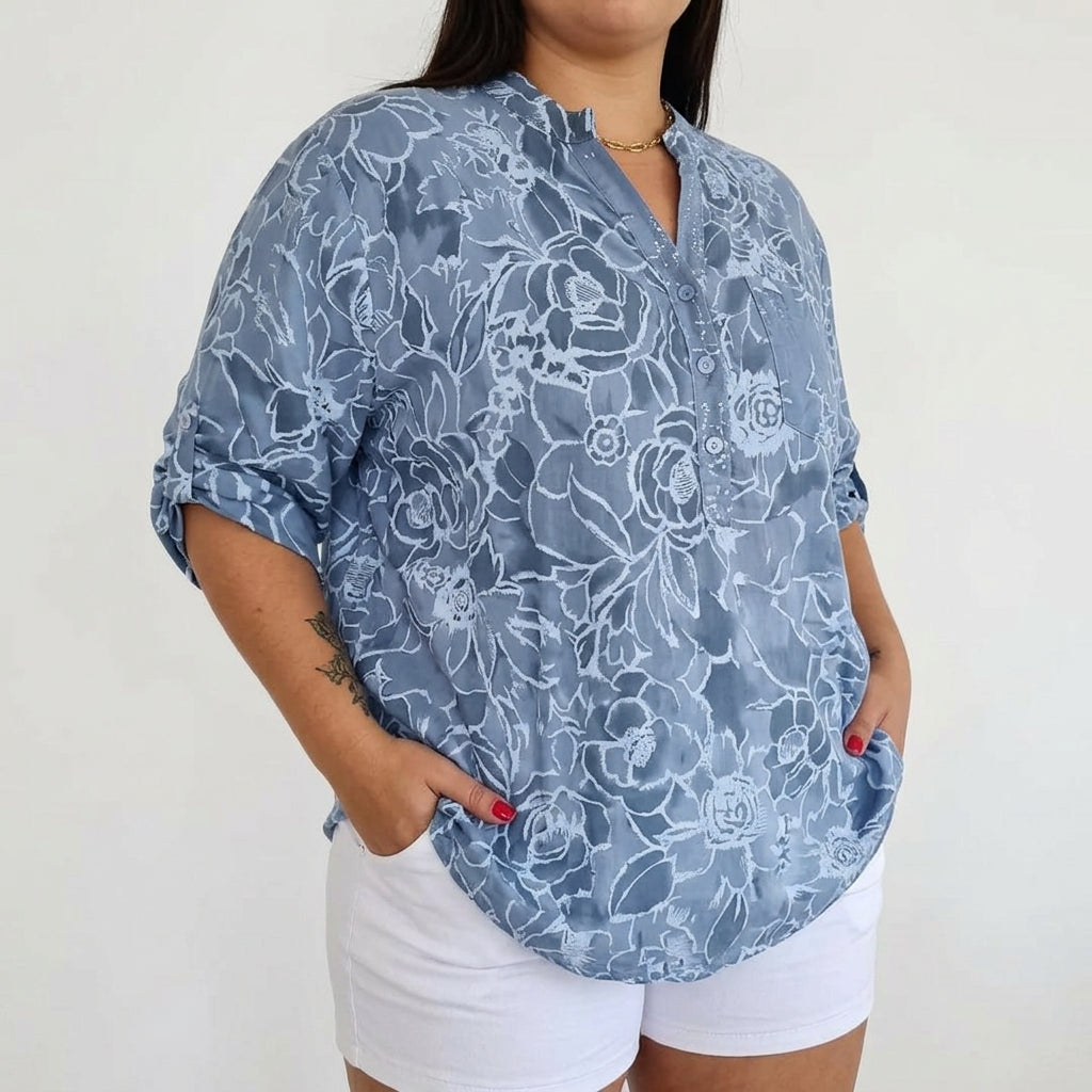 Cora | Denim Floral V-Neck Blouse