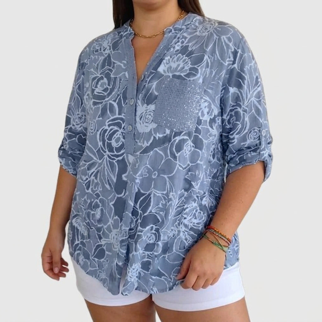 Cora | Denim Floral V-Neck Blouse