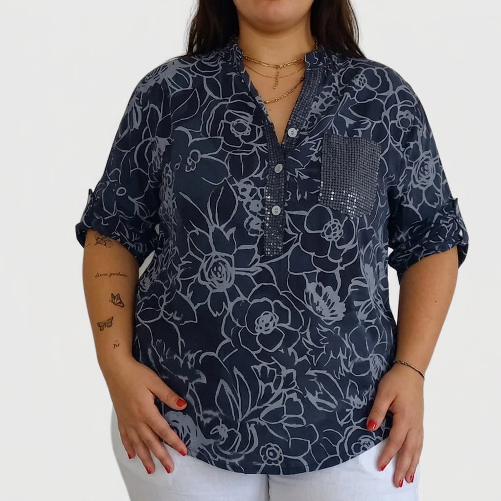 Cora | Denim Floral V-Neck Blouse