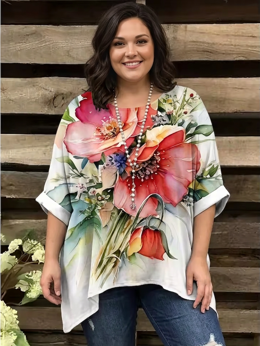 Susannah Chiffon Floral Round Neck Kaftan Top