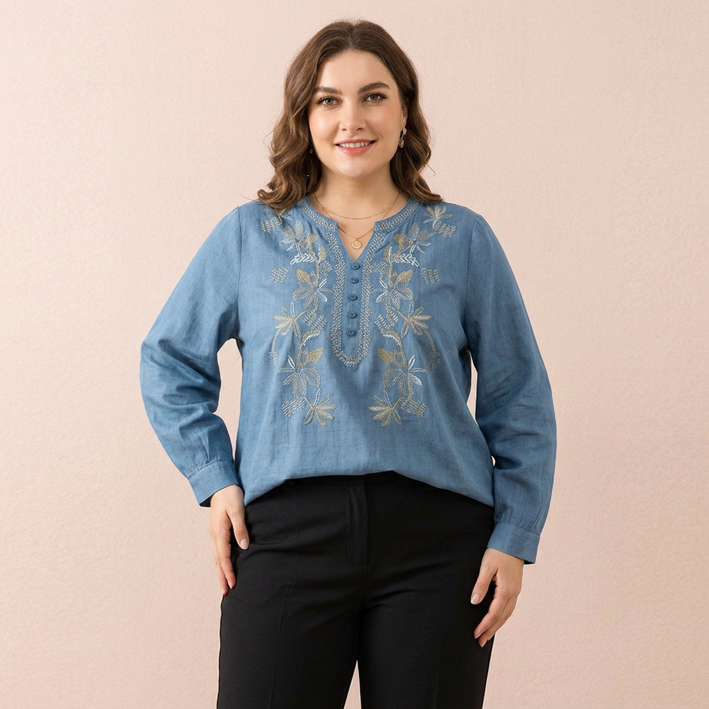 Trinity Denim Floral V-Neck Top