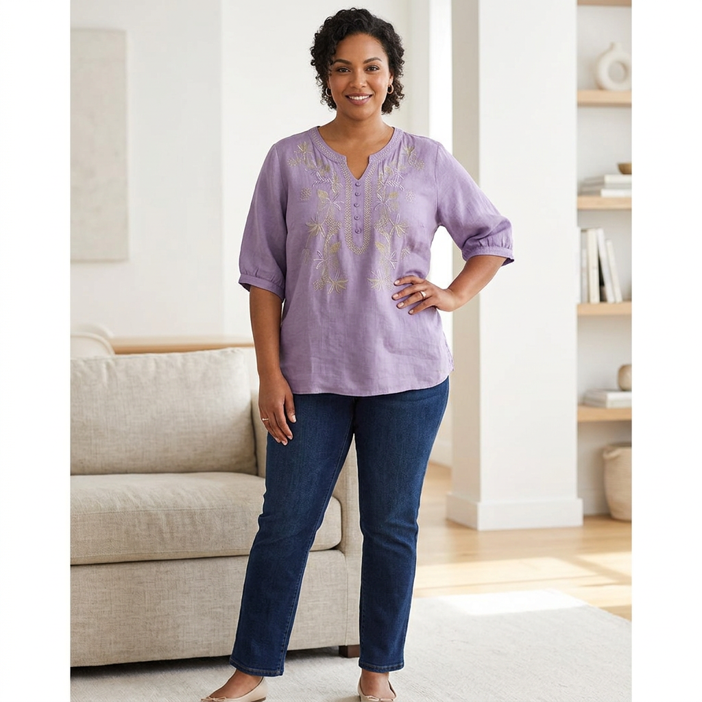 Trinity Denim Floral V-Neck Top – view 2