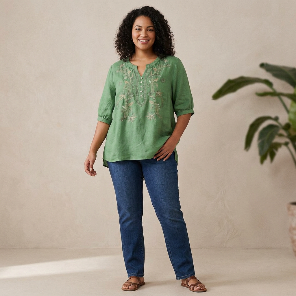 Trinity Denim Floral V-Neck Top – view 3