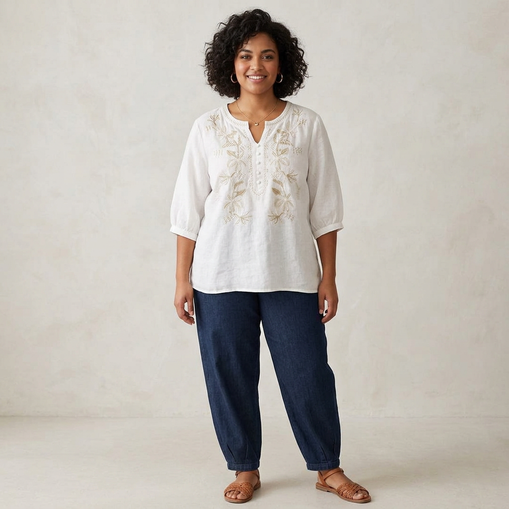 Trinity Denim Floral V-Neck Top – view 4