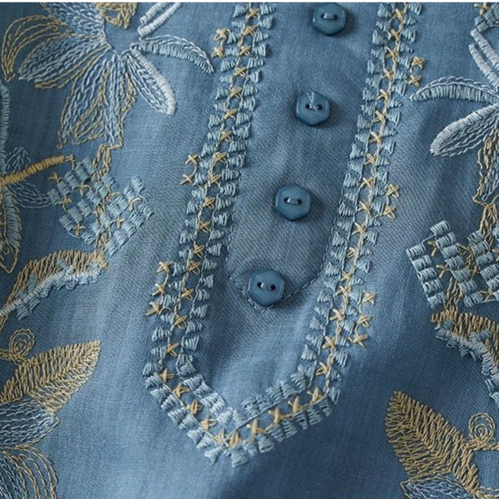 Trinity Denim Floral V-Neck Top – view 5
