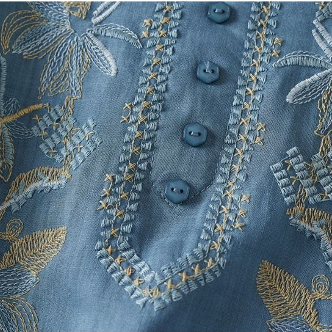 Trinity Denim Floral V-Neck Top – view 5