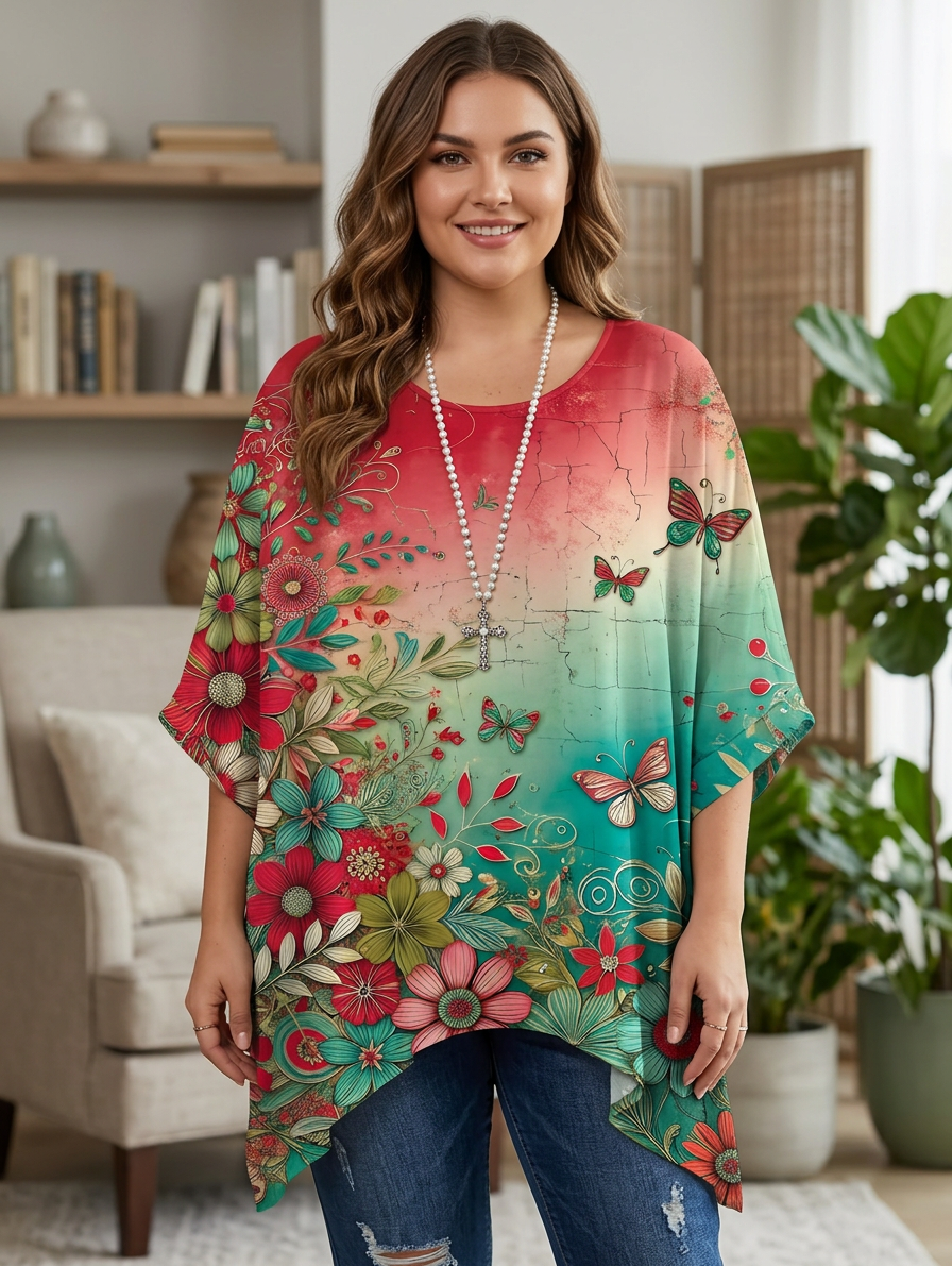 Zara Chiffon Floral Round Neck Kaftan Top